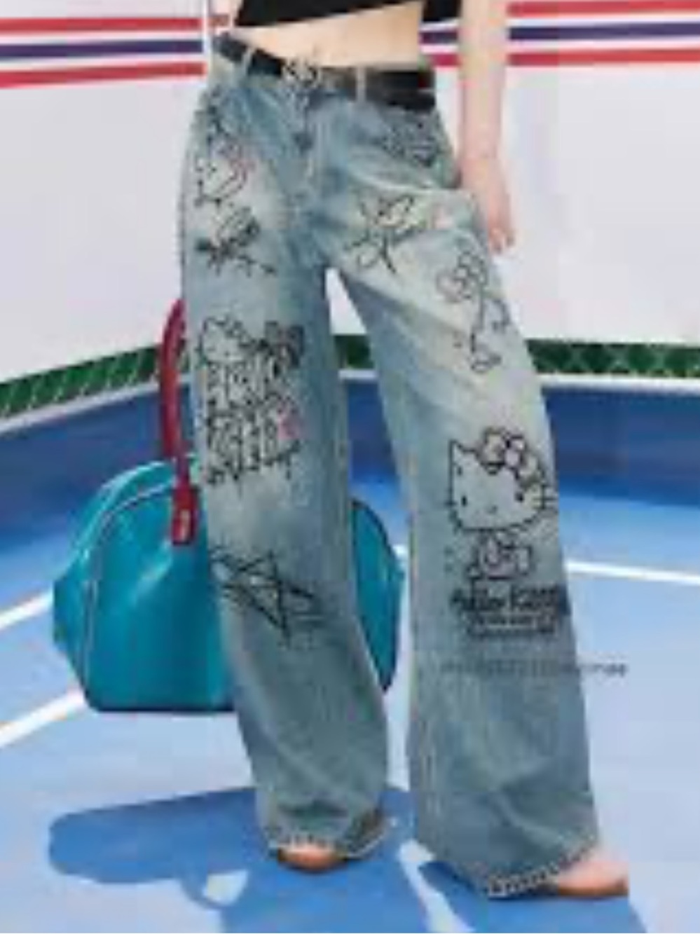 Trendy Hello Kitty graffiti Wide Leg Jeans - Light Wash Blue by VERBLEE